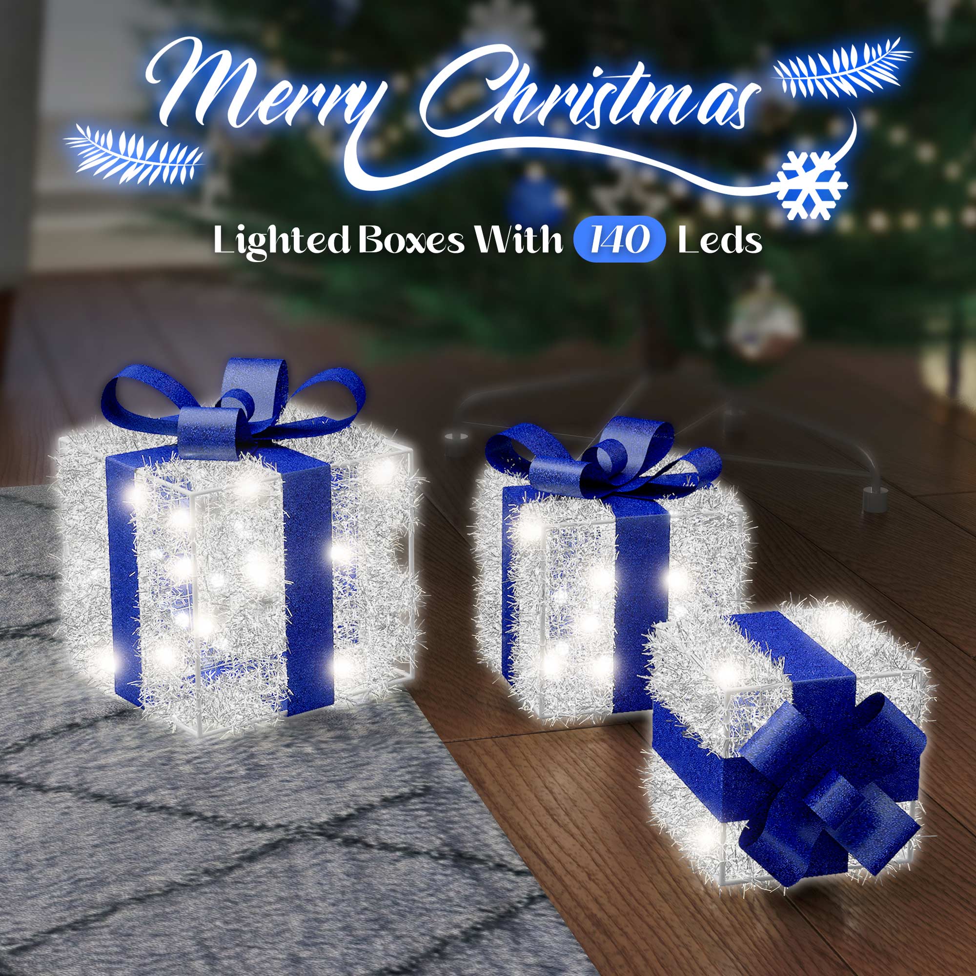 Blue Christmas Lighted Gift Boxes, 140 LEDs, Set of 3 – 8 Modes & Timer Function for Indoor/Outdoor Holiday Decor