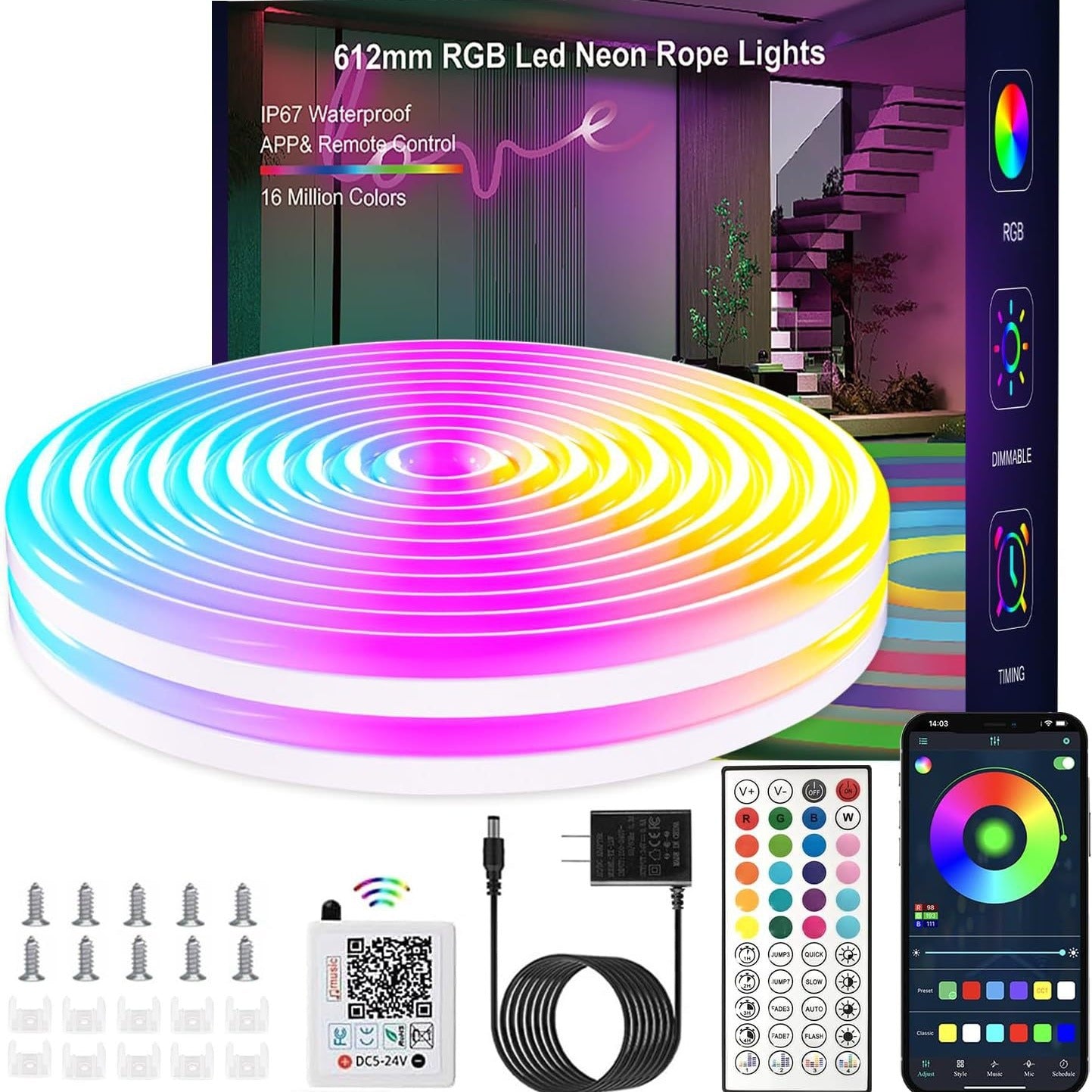 Waterproof LED Neon Strip Lights – Low Voltage Smart Bluetooth APP Music Control Light Kit