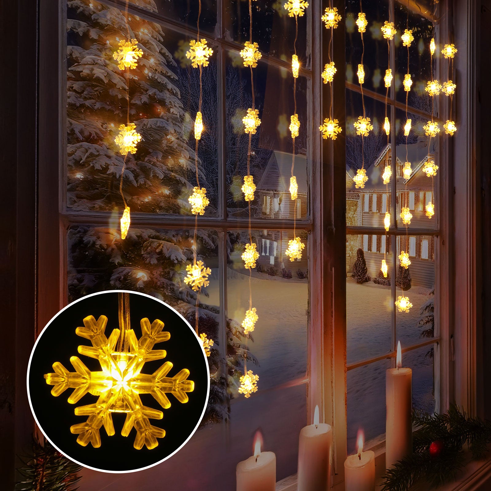 Quntis 50LED Christmas Snowflake Lights – 8 Modes, Battery Operated, IP65, Timer & Memory Function for Holiday Decoration (Warm White)