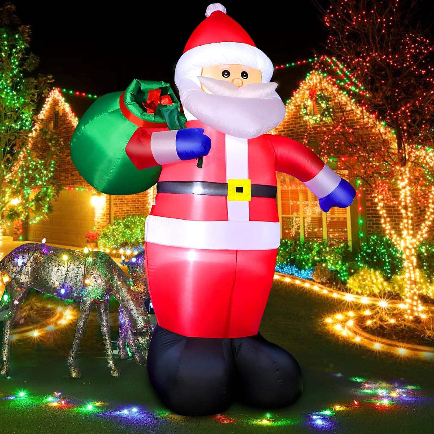 3.6m Santa Claus Navideño Inflable – Decoración Inflable Iluminada con LED y Bolsa de Regalo para Exhibición Exterior en las Fiestas