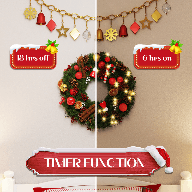 16-Inch Christmas Wreath with 40 LED Lights – 8 Modes & Timer Function for Indoor/Outdoor Front Door & Window Xmas Decor