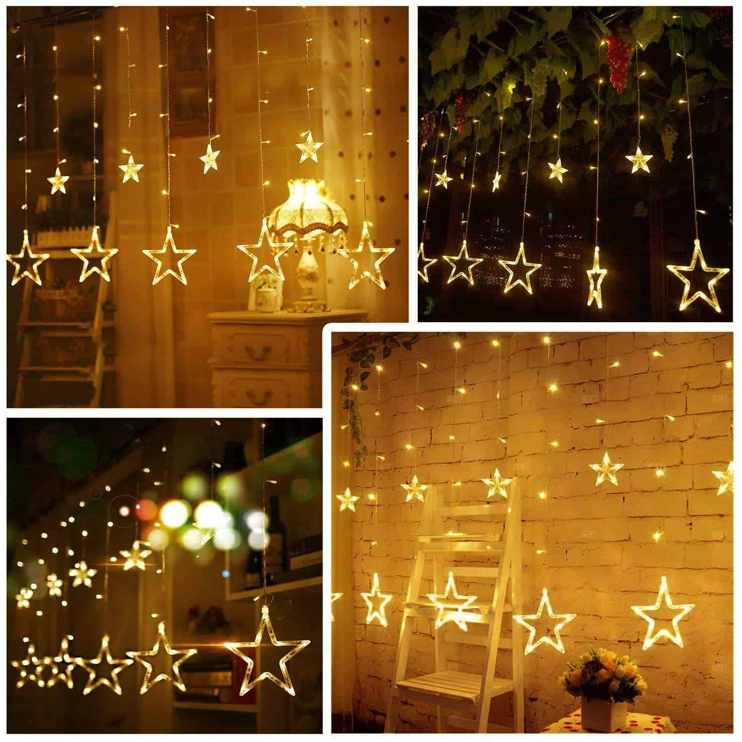 138LED 12 Star Connectable 6.5ft Curtain Lights with 8 Flashing Modes,Warm White - Quntis