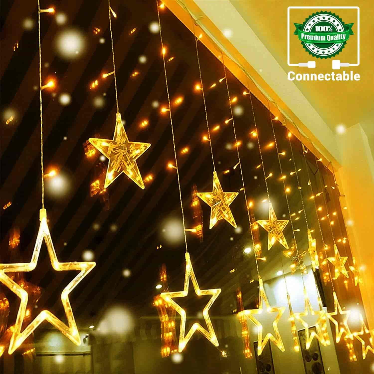 138LED 12 Star Connectable 6.5ft Curtain Lights with 8 Flashing Modes,Warm White - Quntis