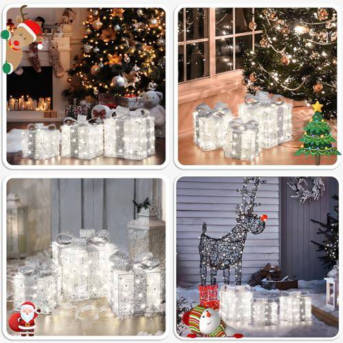 Christmas LED Lights Gift Box Set of 3, White Wire with Silver Bow popular Battery