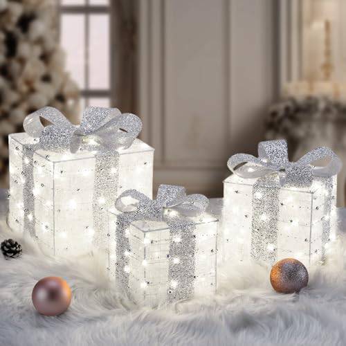 Christmas LED Lights Gift Box Set outlet of 3, White Wire with Silver Bow Battery