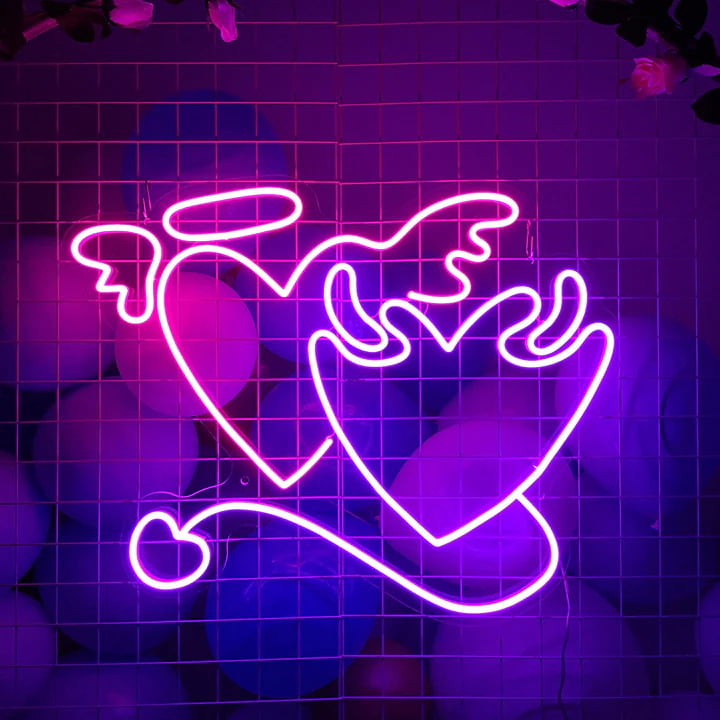 Angel & Devil Hearts Neon Sign – Vibrant Pink Glow for Romantic and Playful Decor