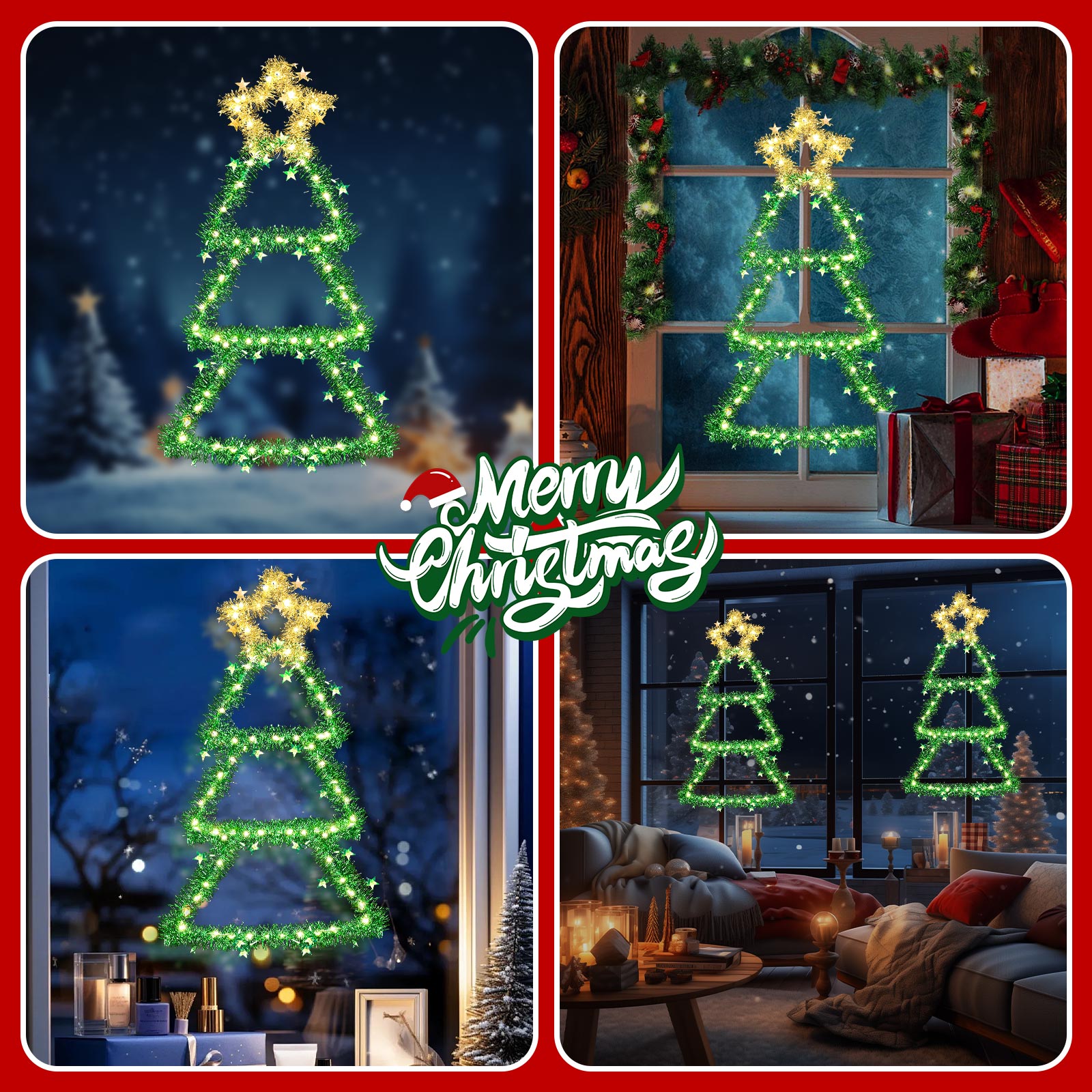 Quntis Christmas Window Lights – Battery-Operated Tree Lights with 8 Modes & Timer, Foldable Metal LED Wall Hanging for Indoor/Outdoor Decor