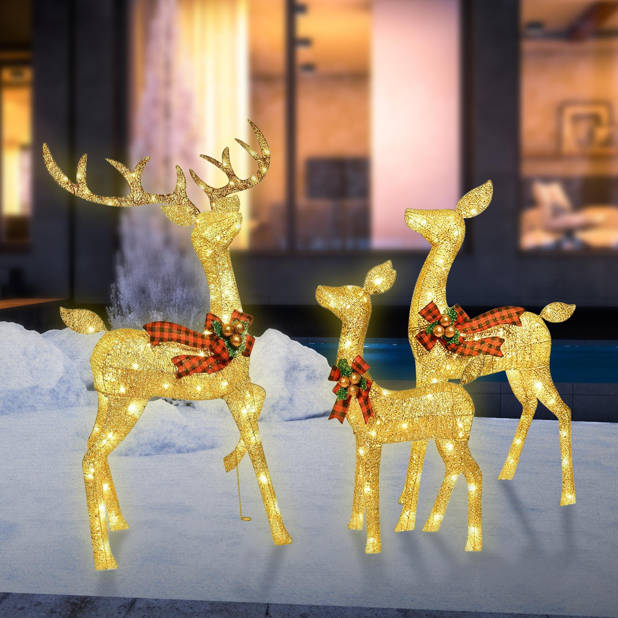 Conjunto de Renas de Natal Iluminadas – Decoração de Jardim Exterior em 3 Peças com 210 Luzes LED, Estacas e Cabo de Extensão