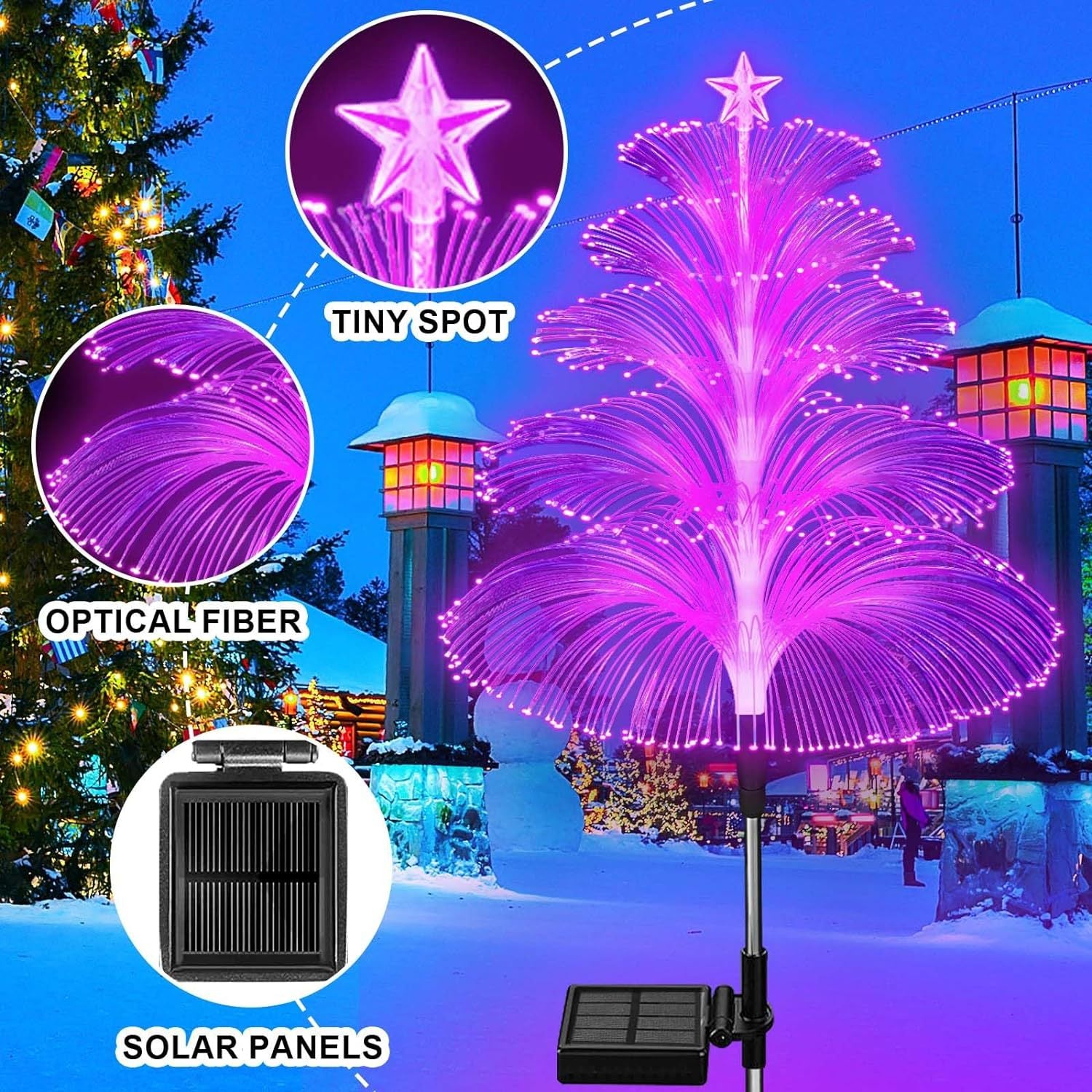 Quntis Solar 5-Layer Fiber Optic Fountain Lights – 4er-Pack wasserdichte Outdoor-Weihnachtsdekoration, LED 5-Layer Fiber Rasenlichter für festliche Atmosphäre