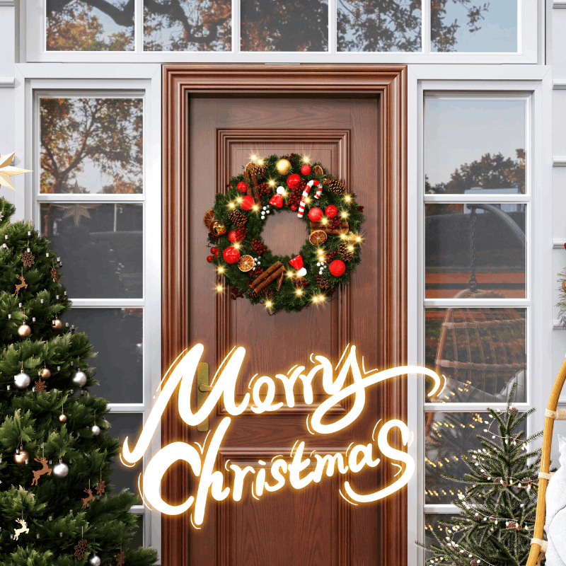 16-Inch Christmas Wreath with 40 LED Lights – 8 Modes & Timer Function for Indoor/Outdoor Front Door & Window Xmas Decor