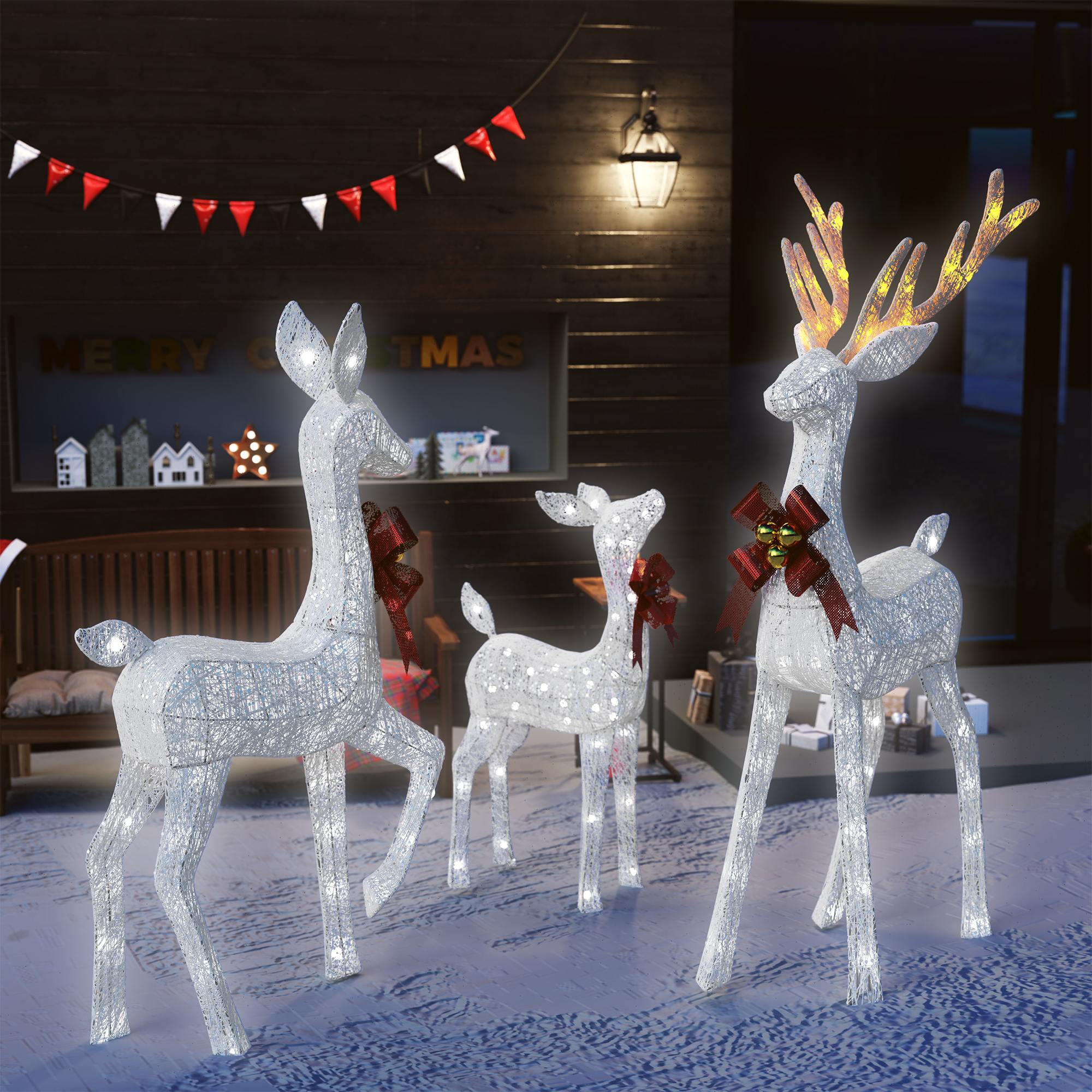 Conjunto de Renas de Natal ao Ar Livre em 3 Peças – Família de Renas Pré-iluminadas com 365 Luzes LED, Perfeito para Exibição de Jardim e Relvado Durante as Festas