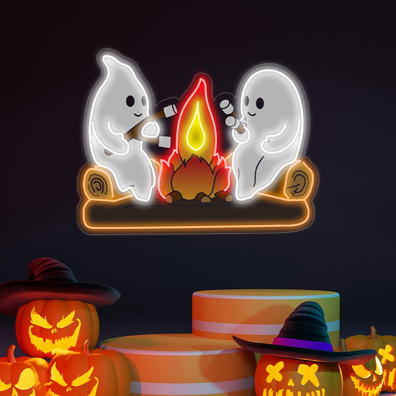 Ghosts by the Campfire Neon Sign – Cozy and Playful Halloween LED Decor with Marshmallow Toasting Ghosts