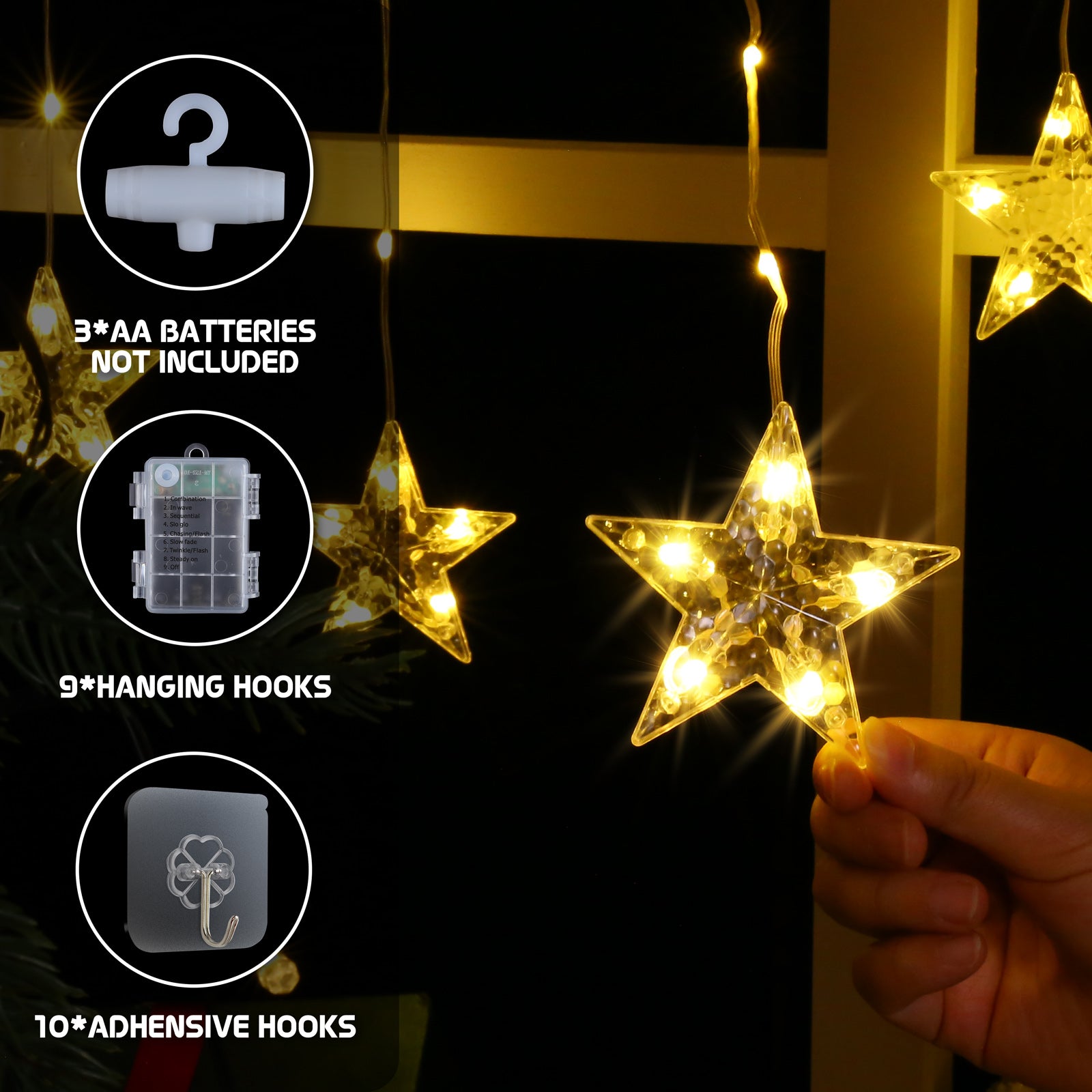 Quntis 9 Stelle Luci di Natale Bianco Caldo per Finestre – 8 Modalità di Illuminazione, 76 LED, Crea un'Atmosfera Magica per Decorazioni Natalizie e Festive