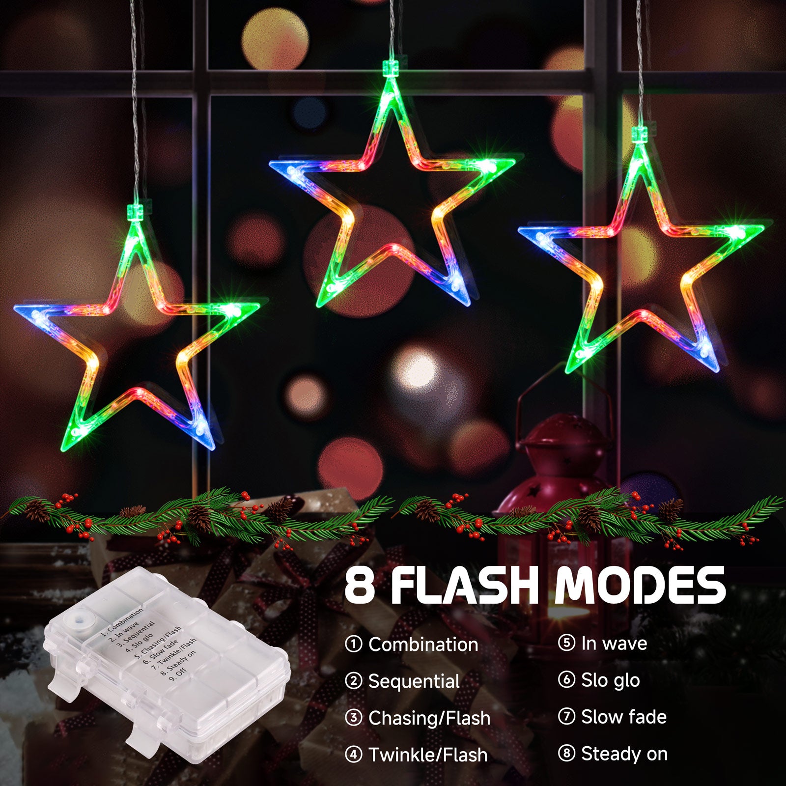 Quntis 3 Stars Star Lights – 30 Vibrant LEDs with 8 Enchanting Lighting Modes for Magical Christmas & Holiday Decor