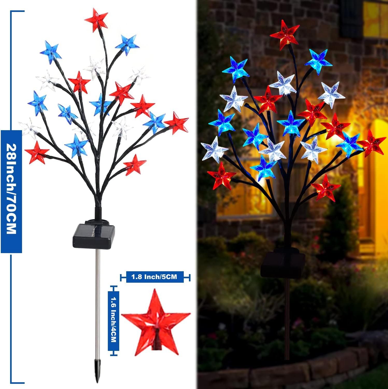 Quntis Solar Powered Patriotic Branch Stake Lights C Red White Blue Star LED Lights for Independence Day Christmas Decor Set of 4 With 2Models