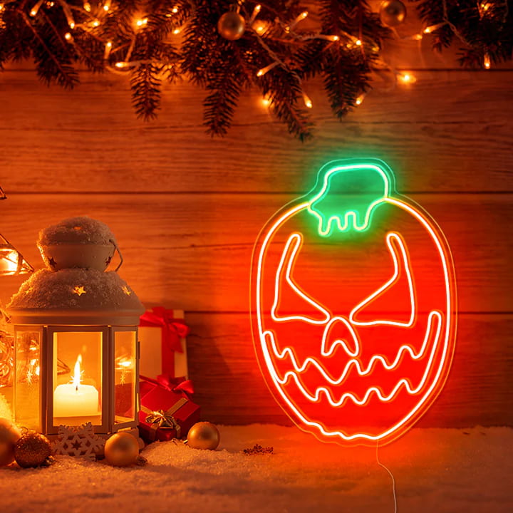 Cute Halloween Pumpkin Neon Sign ¨C Bold Red and Green Glow for Spooky Halloween Decor