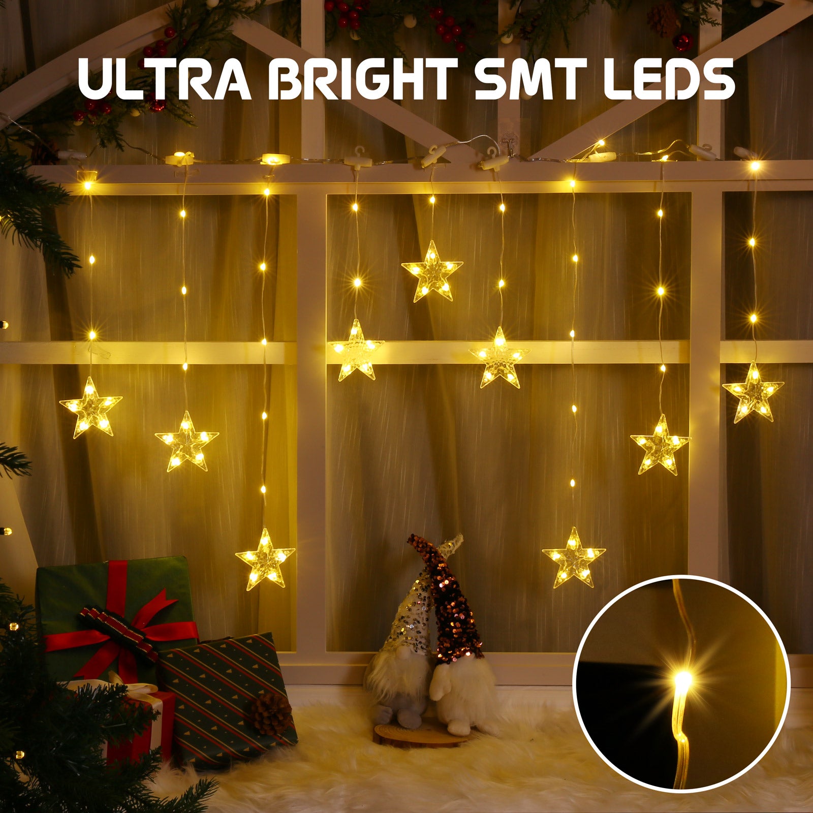 Quntis 9 Stars Warm White Xmas Lights for Windows – 8 Lighting Modes, 76 LEDs, Create a Magical Ambiance for Holiday & Christmas Decor