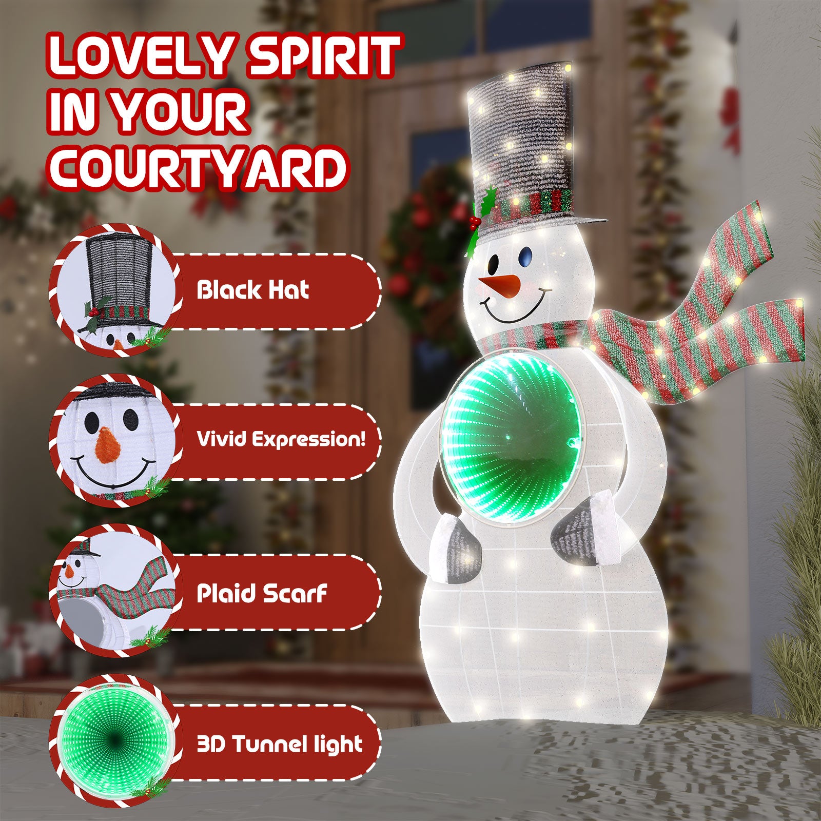 Quntis 3FT Light Up Snowman Christmas Decorations with 3D Infinity Mirror Tunnel, 56 LED Lights for Outdoor Indoor Yard, Lawn, Porch Holiday Decor