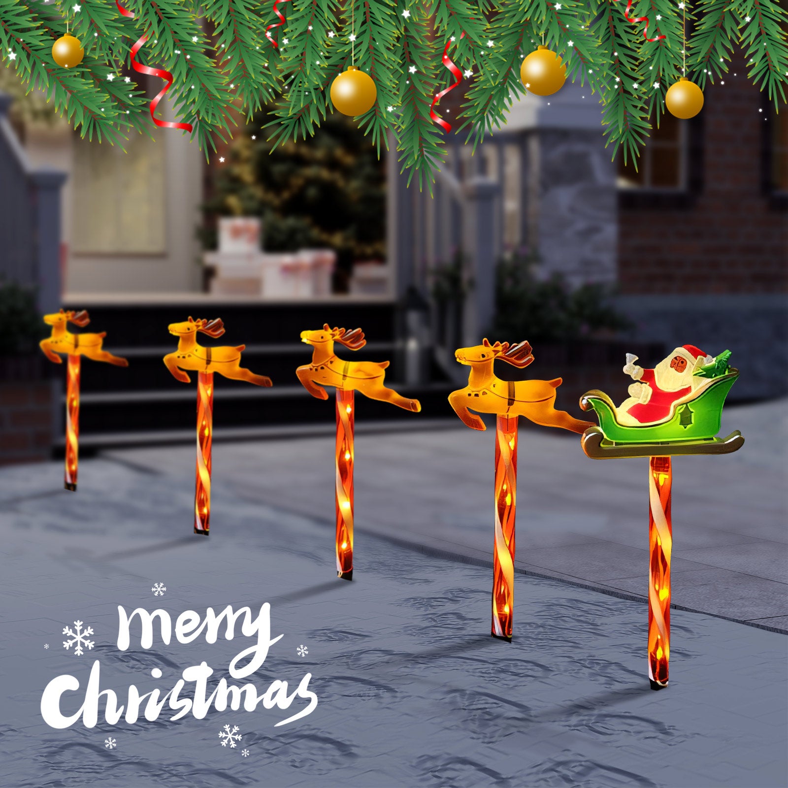 Solar LED Christmas Reindeer & Santa Sleigh Outdoor Stake Lights ¨C Festive Garden and Yard Decor