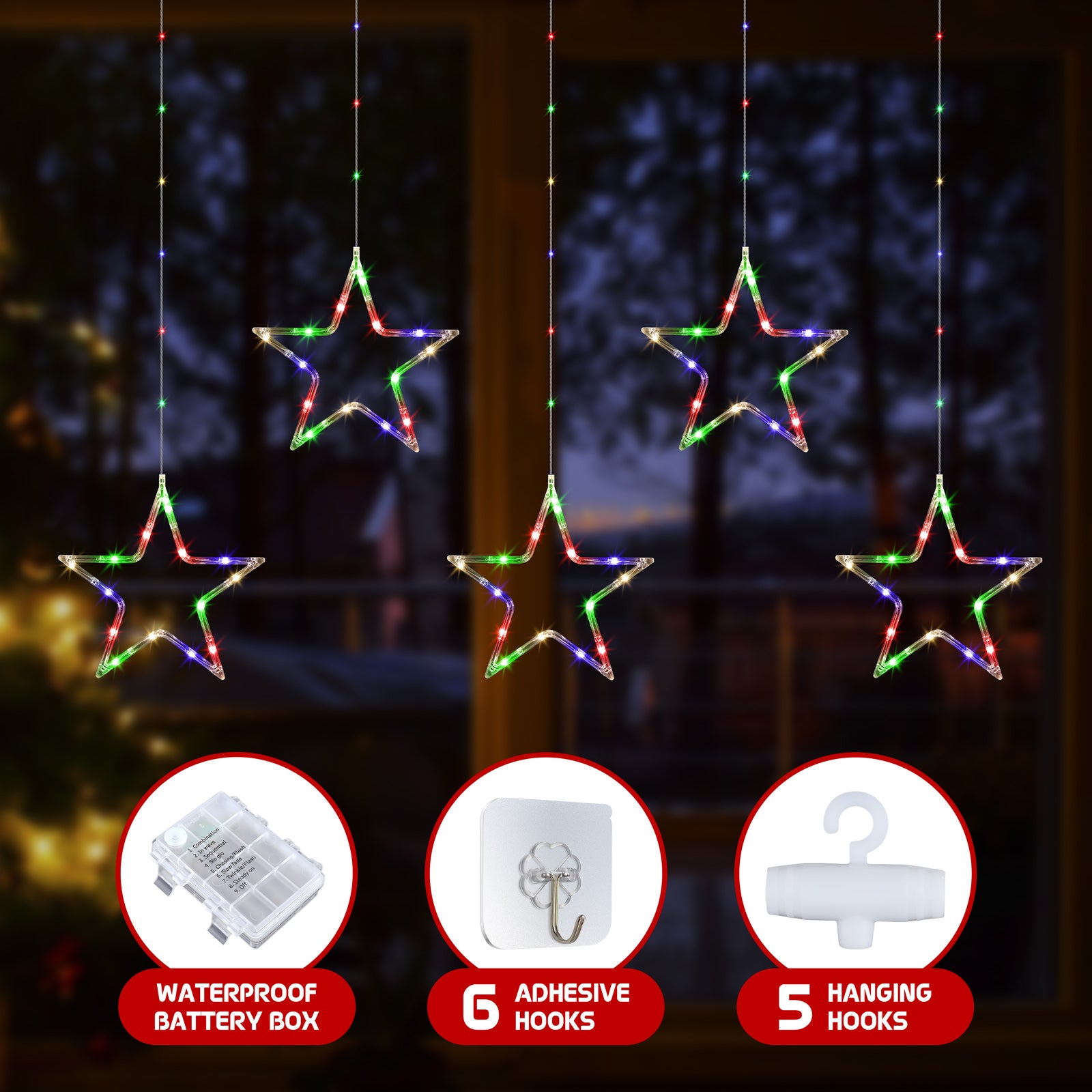 Quntis Luzes de Janela de Natal – Luzes de Cortina 5-Estrelas com 60 LEDs a Cores, Funcionamento a Bateria com Temporizador e 8 Modos para Decoração Interior/Exterior