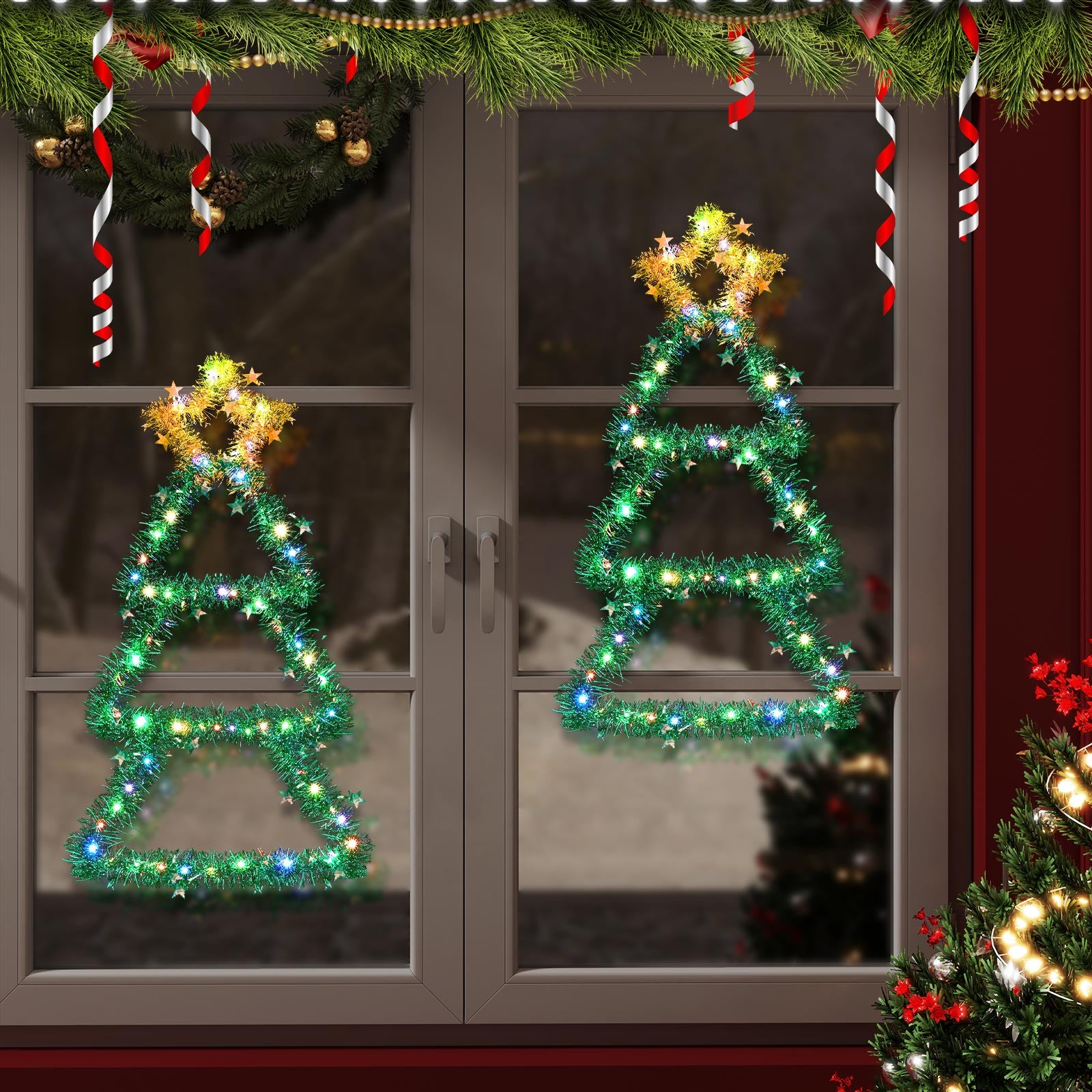 Quntis Arbre de Noël en métal avec lumières – Lumières de fenêtre de Noël à piles changeant de couleur (30 x 14 pouces), 8 modes et minuterie, décoration de vacances murale pliable pour une utilisation intérieure/extérieure