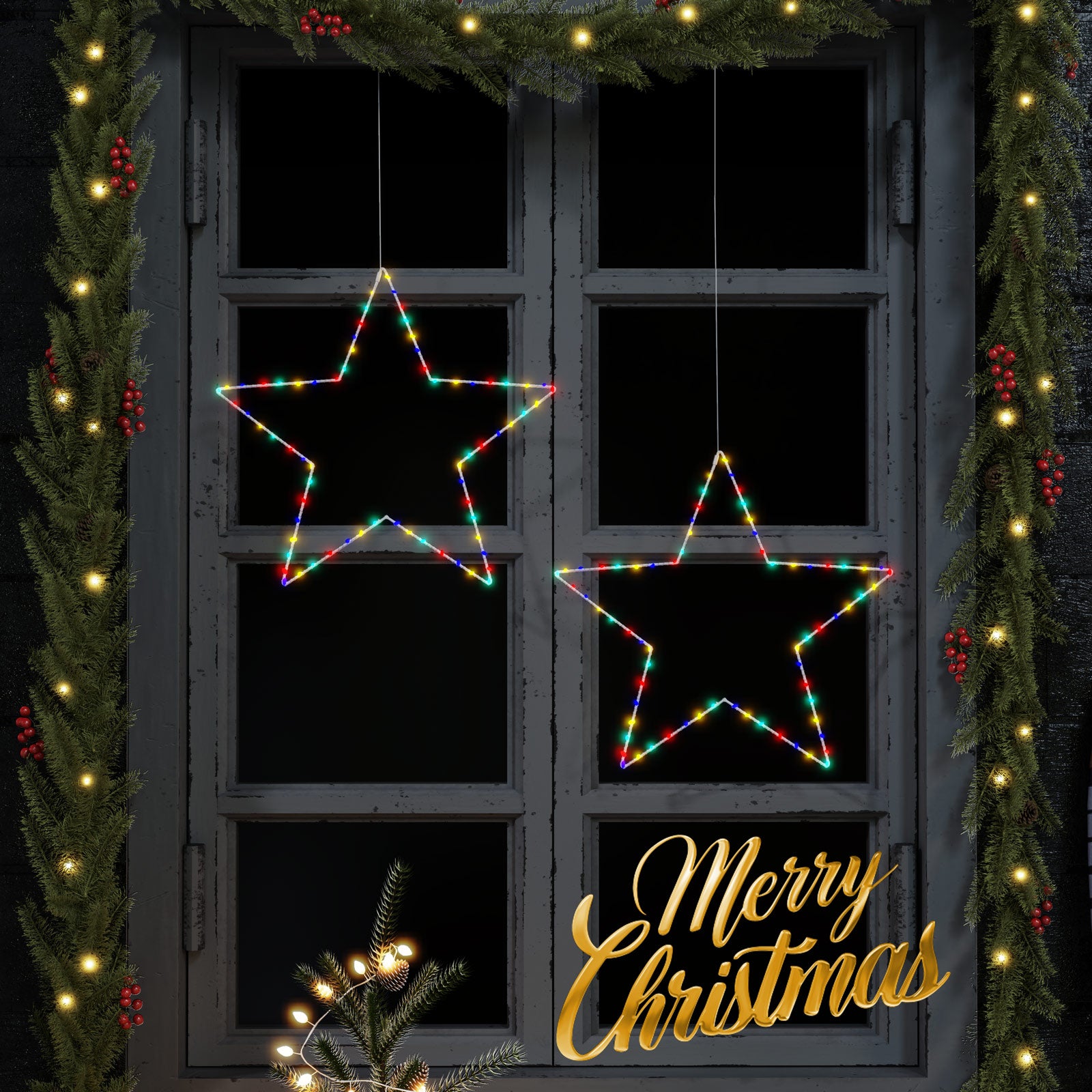 Quntis Luzes de Janela de Natal – Pacote de 2 com Luzes de Estrela que Mudam de Cor, Operadas a Bateria com Temporizador e 8 Modos para Decoração Interior/Exterior