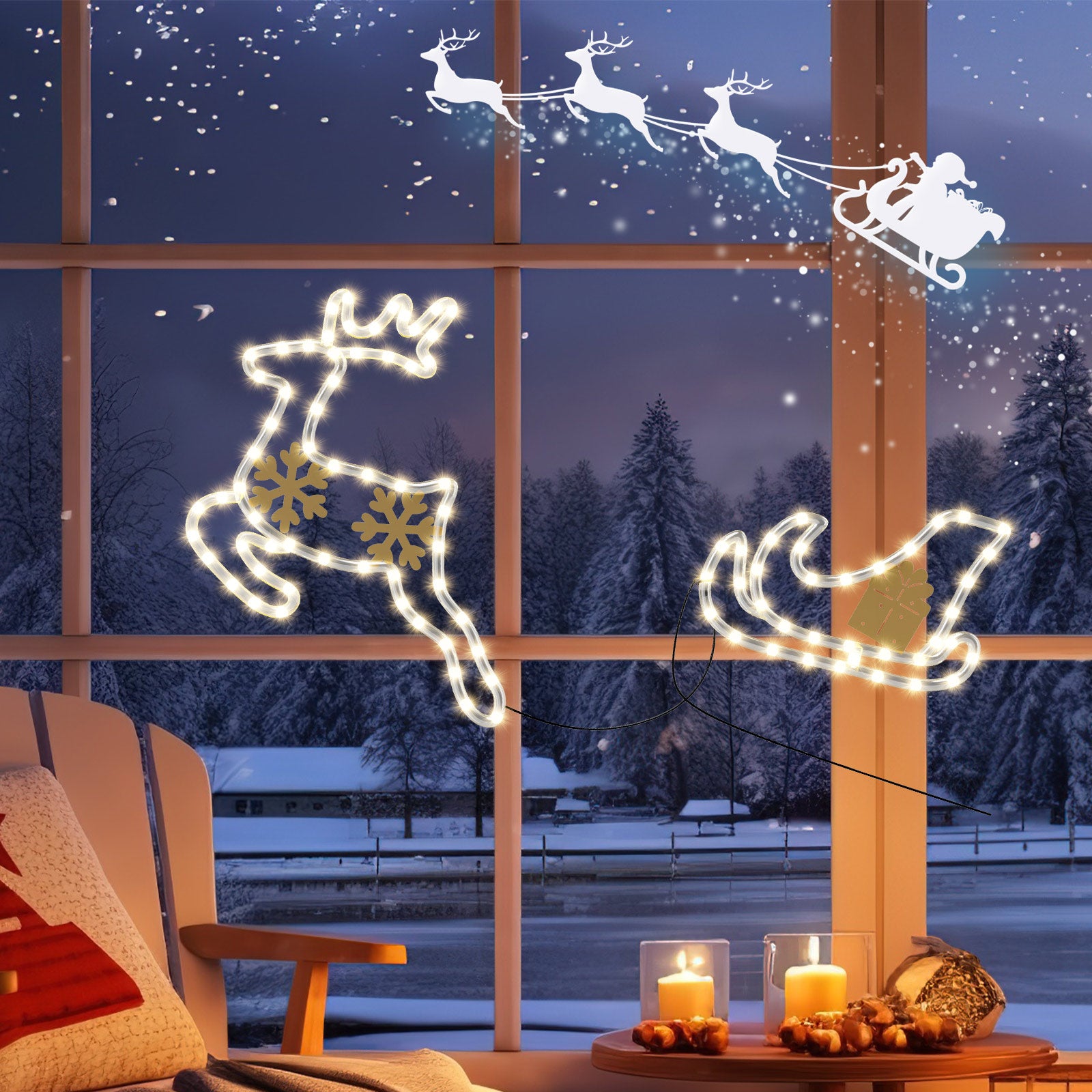 Quntis Luci di Natale per Finestra – Set da 2 Alci in Acrilico che Trainano una Slitta, Decorazione Interna/Esterno a Batteria con 95 Perline LED Luminosi