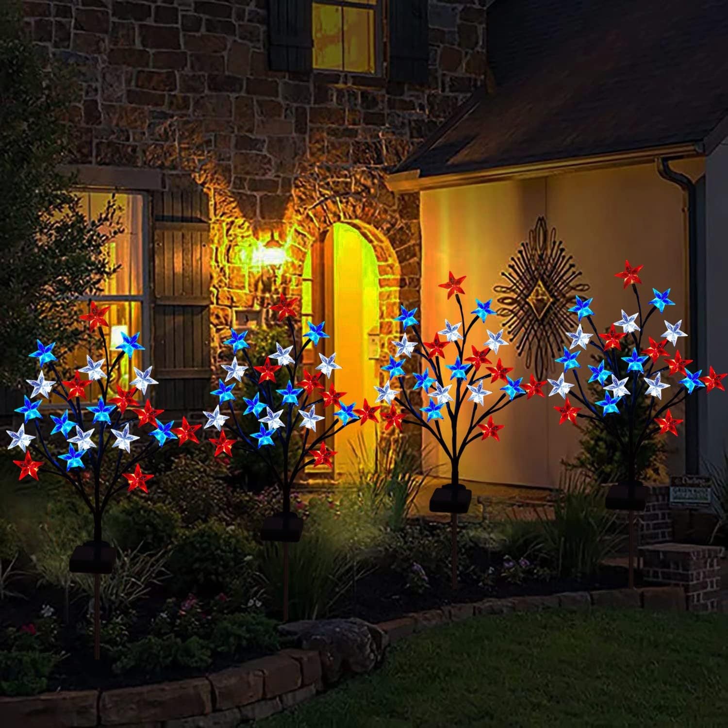 Quntis Solar-Powered Patriotic Branch Stake Lights – Red, White, Blue Star LED Lights for Independence Day & Christmas Decor, Set of 4 With 2Models