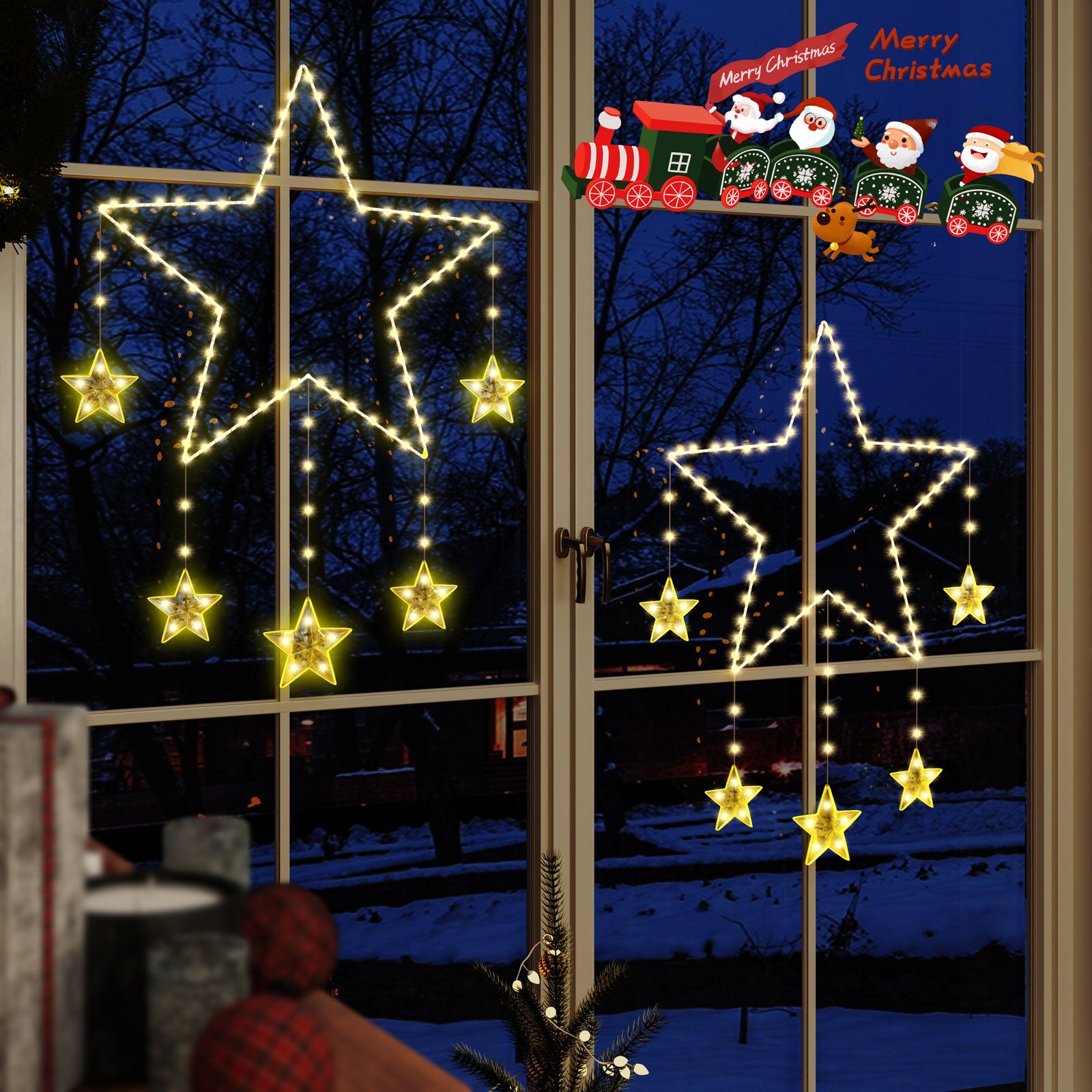 Quntis 2Pcs 37.5" Large Christmas Window Lights, 84LED 12 Stars, Battery Operated Twinkle Star Lights with Timer, 8 Modes, Warm White Xmas Decoration