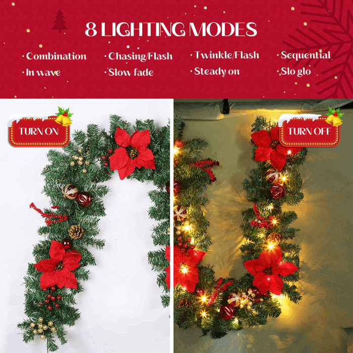 9ft Christmas Garland 50 Led Lights Timing Function Poinsettia Flowers