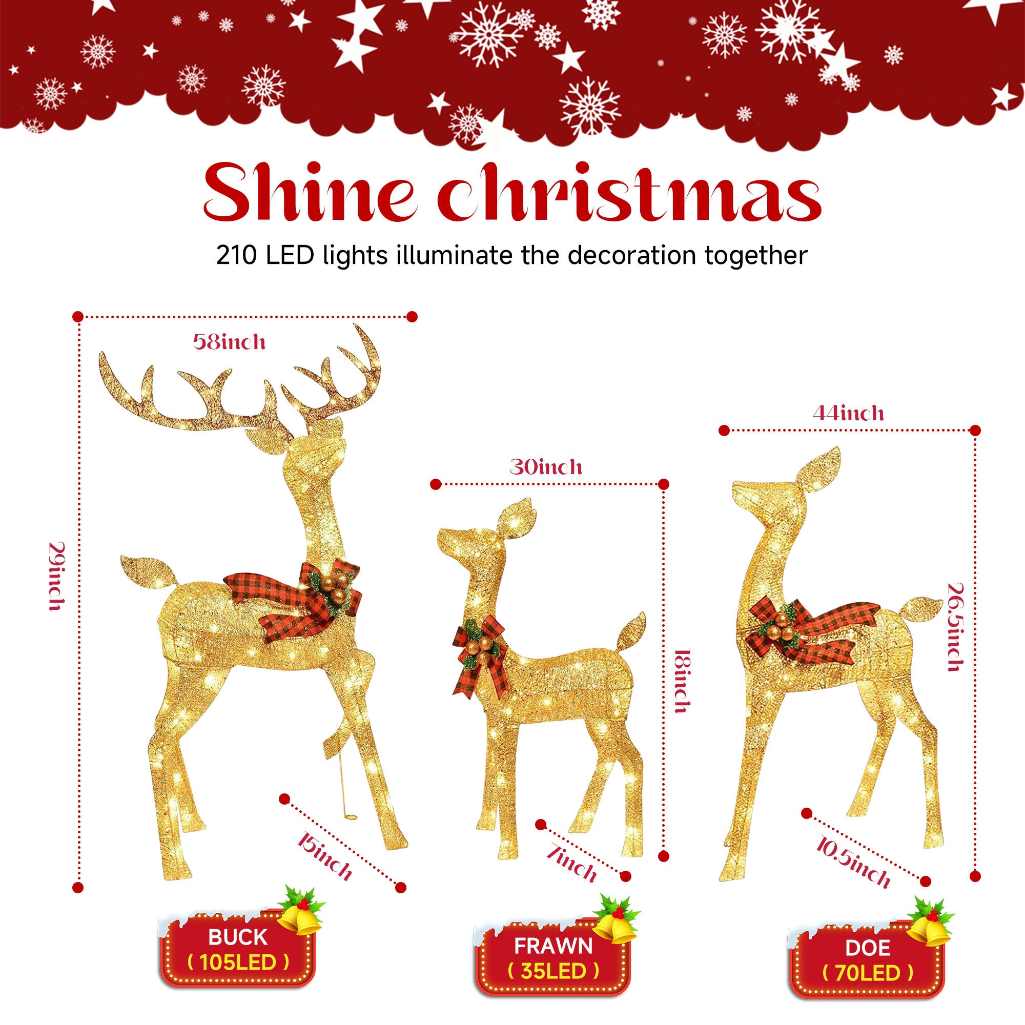 Lighted Christmas Lights Reindeer Family - 3-Piece Set with 210 Christmas Lights - Outdoor Yard Decoration Kit Including Reindeer, Stakes, and Extension Cord