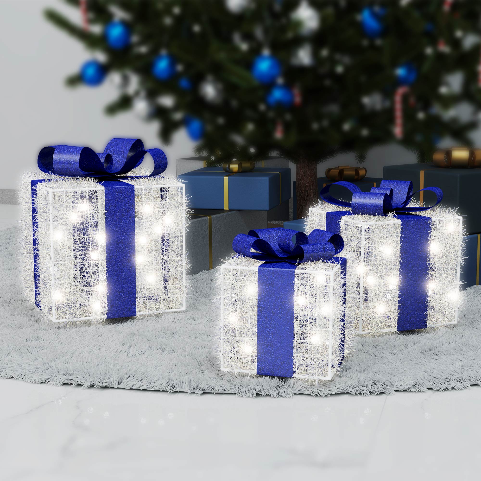 Blue Christmas Lighted Gift Boxes, 140 LEDs, Set of 3 – 8 Modes & Timer Function for Indoor/Outdoor Holiday Decor