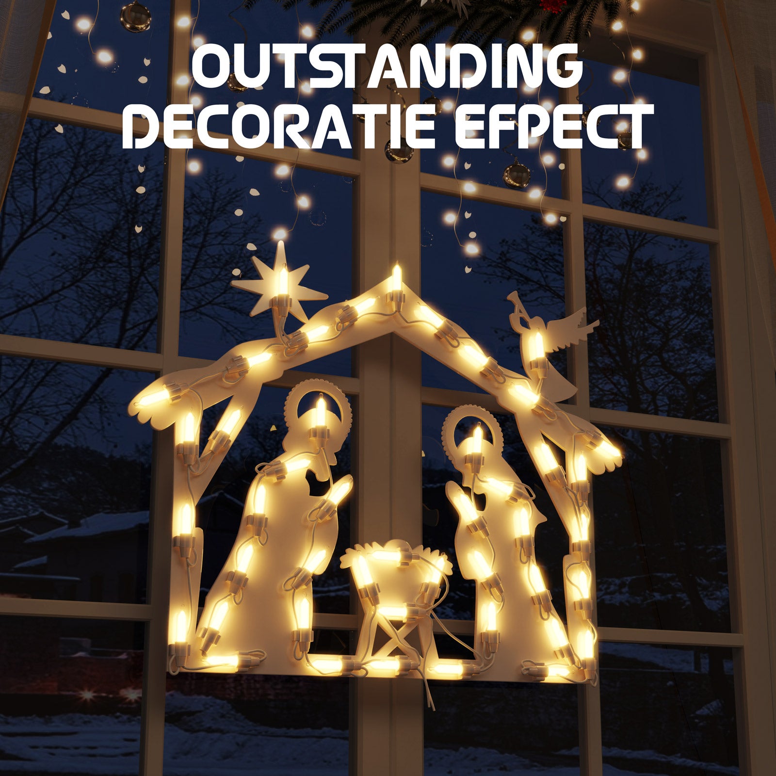 Quntis Silhouette de Crèche Illuminée pour Fenêtre de Noël – 50 LEDs pour Décorations de Fenêtre de Fête et de Noël