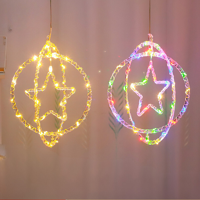 Quntis Christmas Double Ring Solar LED String Lights – Christmas Tree Shape Atmosphere Lights with Star Design, Outer Diameter: 12.60 inches, Inner Ring Diameter: 10.24 inches