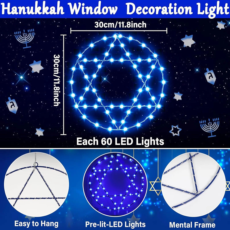 Quntis 2PCS 8 Models Blue Hanukkah Star of David Window Light – LED Ring & Hexagram Suction Cup Light for Hanukkah, Christmas & Holiday Window Decorations