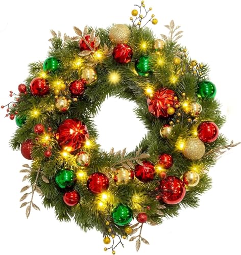 Quntis Christmas Wreath – 40 Warm White LED Lights, 8 Modes, Green & Gold Red Ball Ornaments with Shiny Berries for Indoor/Outdoor Holiday Decor