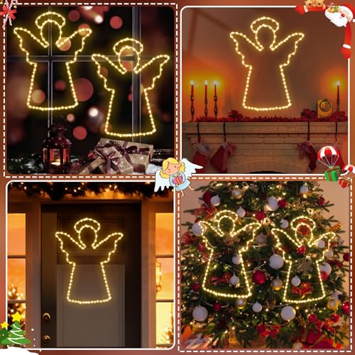 Quntis 16" Angel Lights, 100 LED Christmas Window Lights,Iron Frame Christmas Tree Lights with Timer,Battery Operated Christmas Angel Outdoor Decorations for Home Wall Door(Warm White)