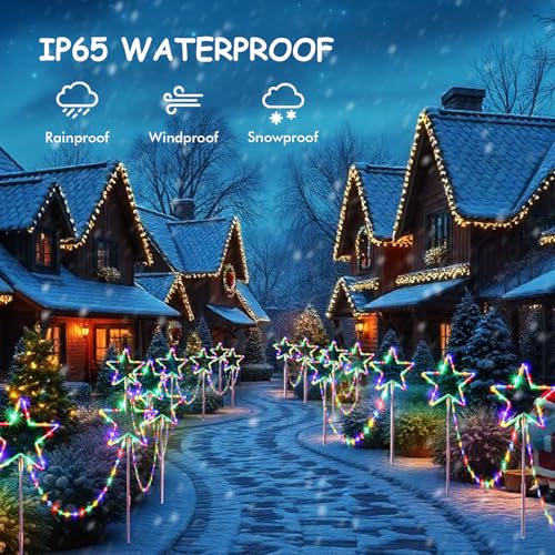 Quntis 4 Pack LED Christmas Pathway Lights Christmas Star Lights Battery Powered Garden Stake Lights with Colour Changing 8 Modes Timer IP65 Waterproof for Xmas Holiday Path Yard Lawn Decoration