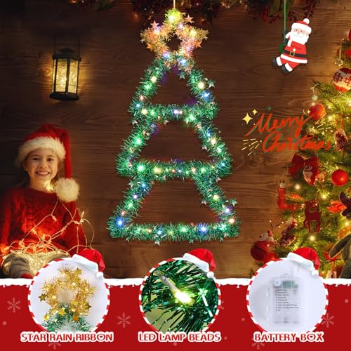 Quntis Metal Christmas Tree with Lights – Color Changing Battery-Powered Christmas Window Lights (30 x 14 Inches), 8 Modes & Timer, Foldable Wall Hanging Holiday Decor for Indoor/Outdoor Use