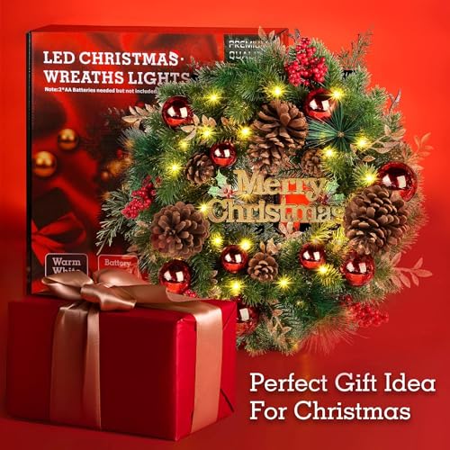 Quntis Merry Christmas Wreath with Lights, 16 Inch Pre-Lit Christmas Front Door Wreath with 8 Modes Timer, Artificial PineCones Red Berries Xmas Red Balls for Indoor Outdoor Fireplace Window Decor