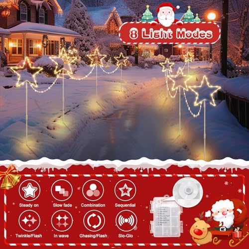 Quntis 4 Pack LED Christmas Pathway Lights Christmas Star Lights Battery Powered Garden Stake Lights with Colour Changing 8 Modes Timer IP65 Waterproof for Xmas Holiday Path Yard Lawn Decoration