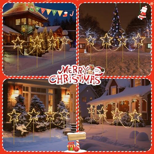 Quntis 4 Pack LED Christmas Pathway Lights Christmas Star Lights Battery Powered Garden Stake Lights with Colour Changing 8 Modes Timer IP65 Waterproof for Xmas Holiday Path Yard Lawn Decoration