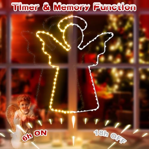 Quntis 16" Angel Lights, 100 LED Christmas Window Lights,Iron Frame Christmas Tree Lights with Timer,Battery Operated Christmas Angel Outdoor Decorations for Home Wall Door(Warm White)