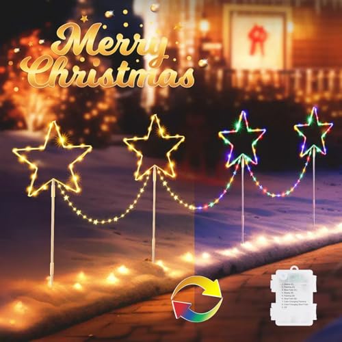 Quntis 4 Pack LED Christmas Pathway Lights, Colour Changing Star Garden Stakes, Battery Powered with 8 Modes & Timer, IP65 Waterproof for Xmas Yard Lawn Decor