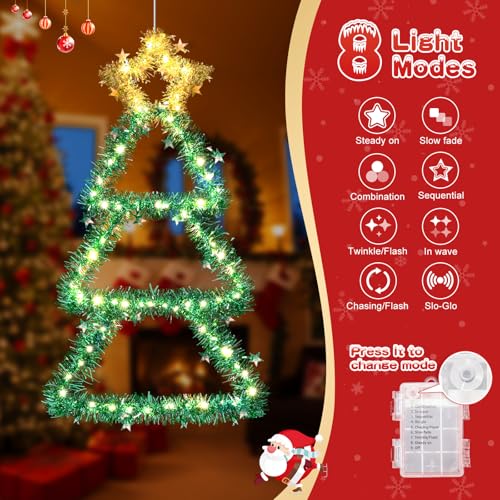 Quntis Metal Christmas Tree with Lights – Color Changing Battery-Powered Christmas Window Lights (30 x 14 Inches), 8 Modes & Timer, Foldable Wall Hanging Holiday Decor for Indoor/Outdoor Use