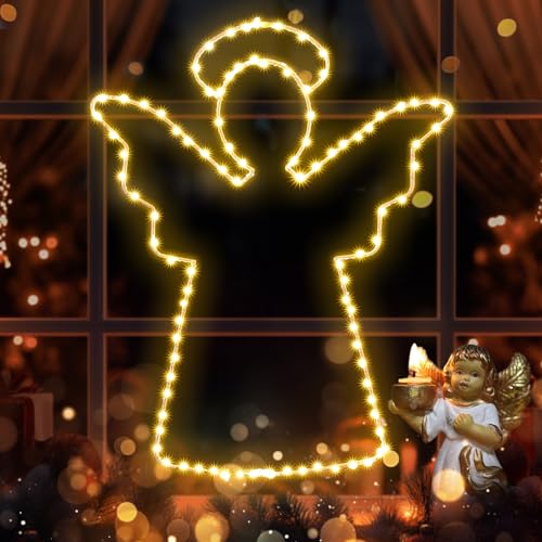 Quntis 16" Angel Lights, 100 LED Christmas Window Lights,Iron Frame Christmas Tree Lights with Timer,Battery Operated Christmas Angel Outdoor Decorations for Home Wall Door(Warm White)