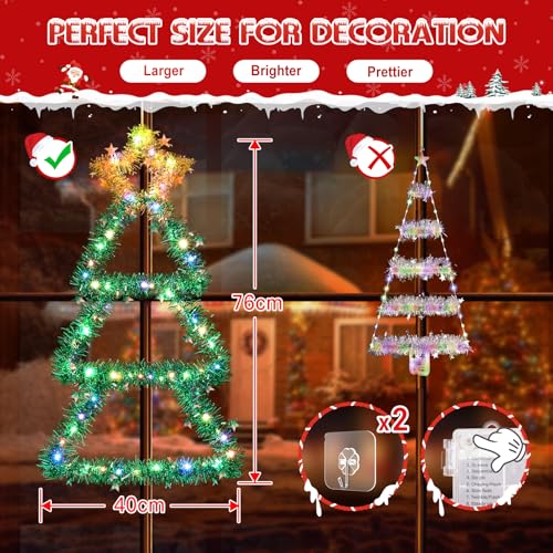 Quntis Metal Christmas Tree with Lights – Color Changing Battery-Powered Christmas Window Lights (30 x 14 Inches), 8 Modes & Timer, Foldable Wall Hanging Holiday Decor for Indoor/Outdoor Use