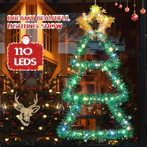 Quntis Metal Christmas Tree with Lights – Color Changing Battery-Powered Christmas Window Lights (30 x 14 Inches), 8 Modes & Timer, Foldable Wall Hanging Holiday Decor for Indoor/Outdoor Use