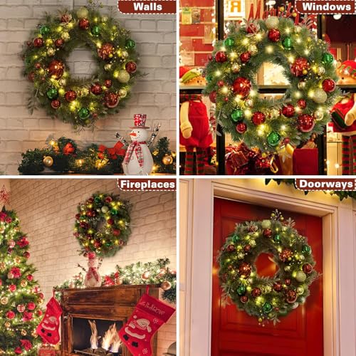 Quntis Couronne de Noël – 40 lumières LED blanches chaudes, 8 modes, ornements en balles vertes et dorées avec des baies brillantes pour la décoration de vacances intérieure/extérieure