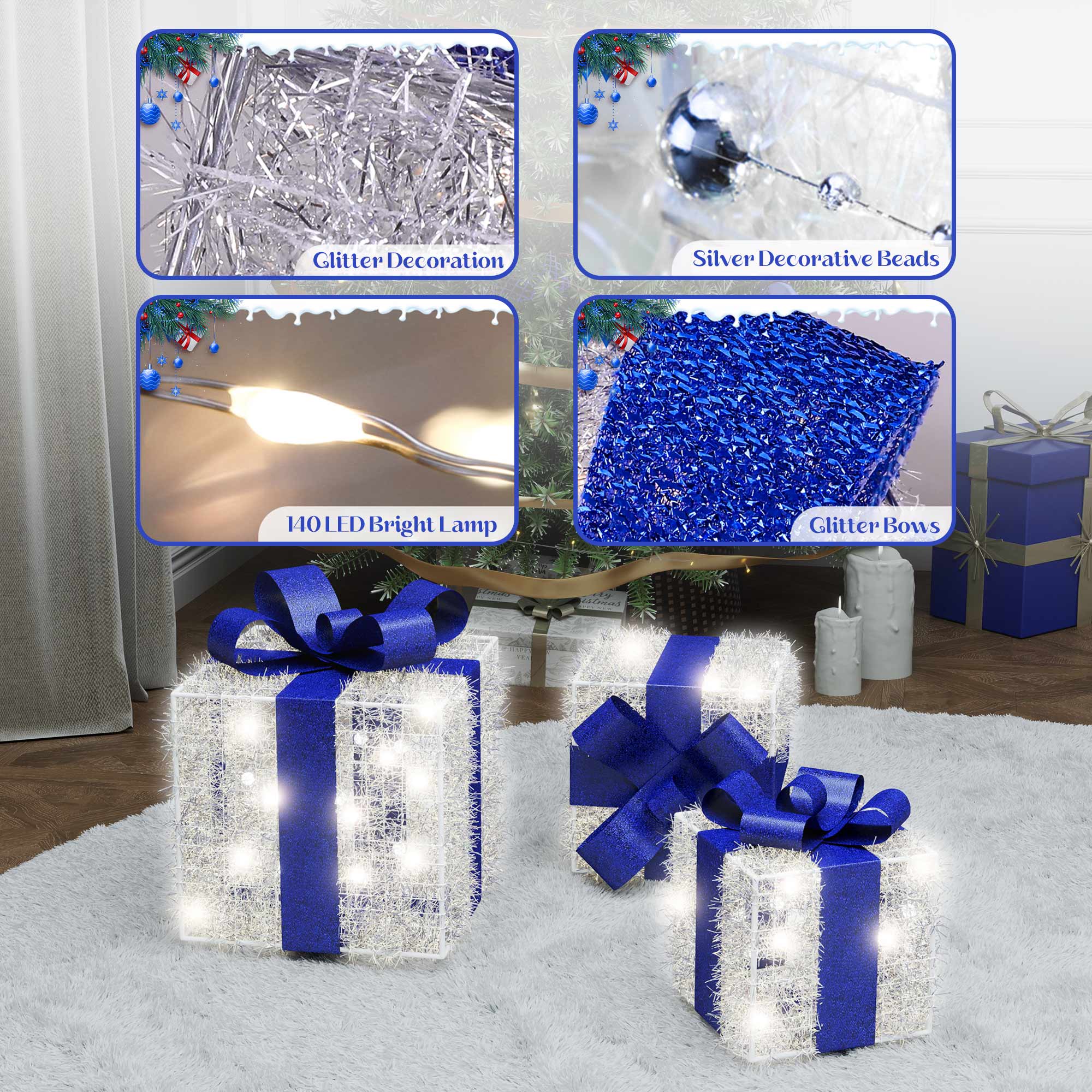 Blue Christmas Lighted Gift Boxes, 140 LEDs, Set of 3 – 8 Modes & Timer Function for Indoor/Outdoor Holiday Decor